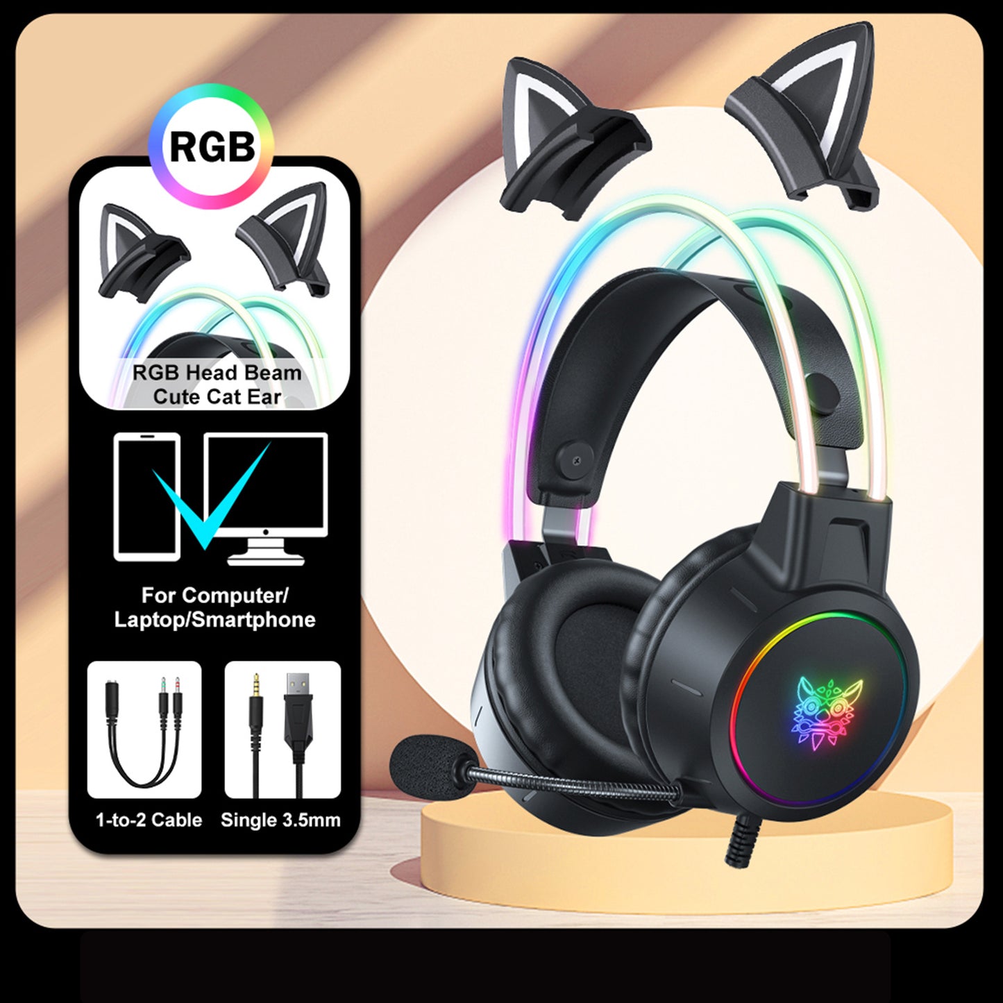 ONIKUMA X15pro, Wired Gaming Headset With Detachable Cat Ears, RGB, Removable Mic, Compatible With PC Mobile, Over-Ear Luminous Wired Gaming Headset