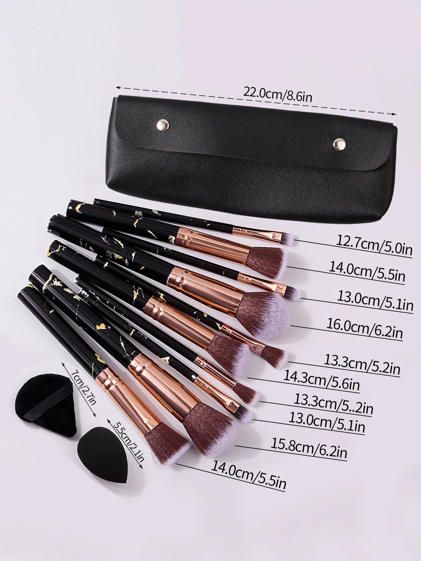 Professional marble-patterned makeup brush set: 10 synthetic fiber makeup brushes+4 makeup sponge powder puffs+black storage bag