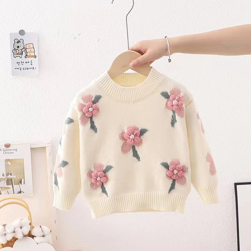 2-7 year old children's clothing autumn winter new girl cute little flower baby knitted pullover children's sweater base shirt