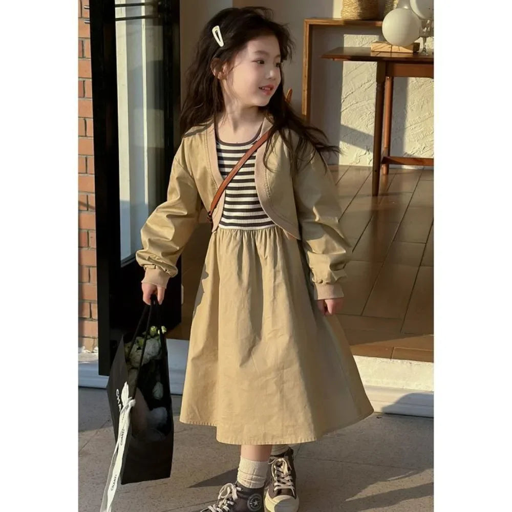 4 5 7 9 11 13-year-old Girl's Casual Clothes 2025 Autumn New Suspender Striped Vest Dress+khaki Jacket Two-piece Set