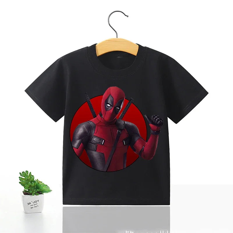 Deadpool & Wolverine Black T-shirt Summer Pop Clothing Cartoon Round Neck Loose Marvels Movie Character Children Birthday Gift