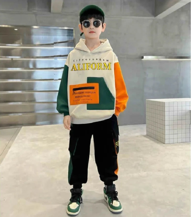 Boys Hooded Sweatshirt Sets Autumn Sport Casual Suits Teen Pullover+Pants 2Pcs Spring Kids Tracksuit Outfits Children Clothes