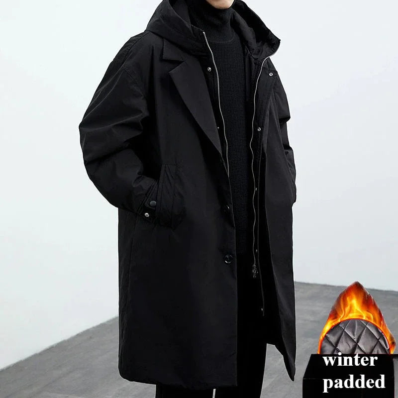 Winter Coats Men Hooded Long Trench Coat Korean Fashion Techwear Autumn Windbreaker Padding Men Winter Clothing