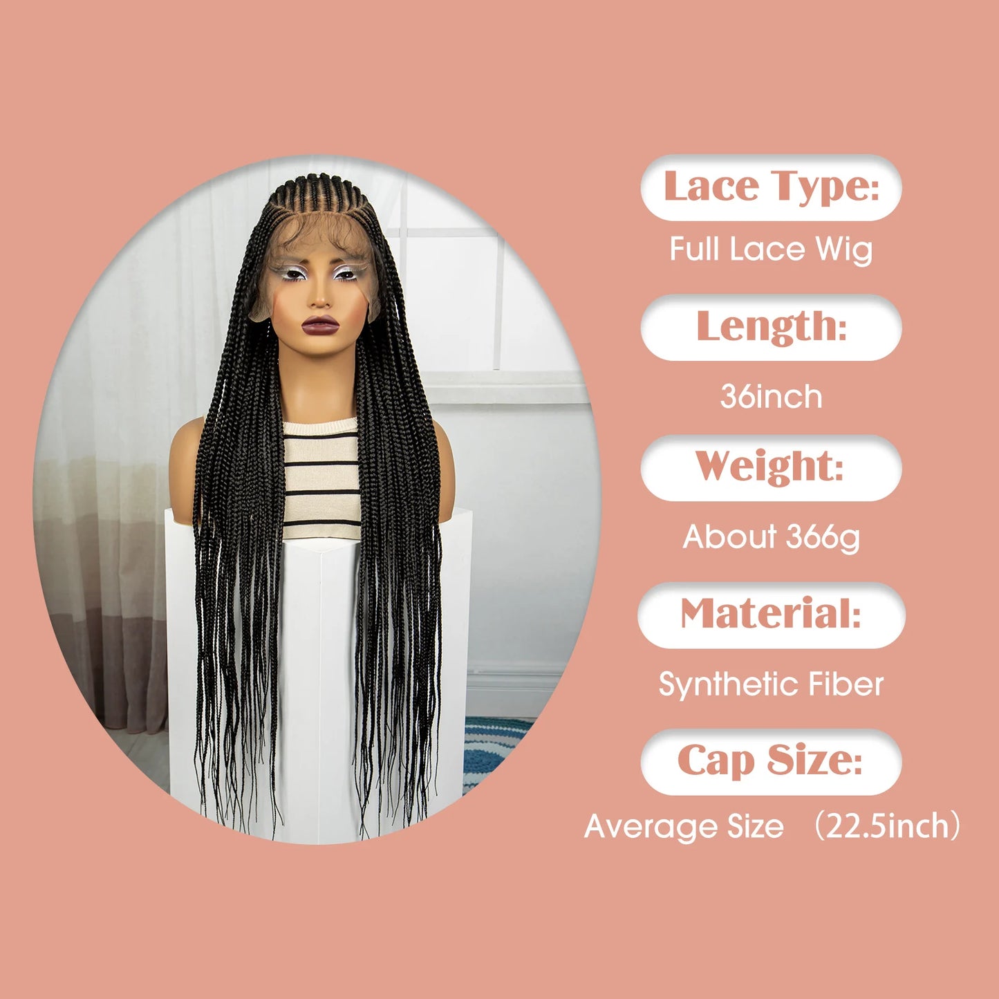 Full Lace Cornrow Braided Wigs 36inch Synthetic Natural Box Braided Lace Wigs with Baby Hair for Black Women