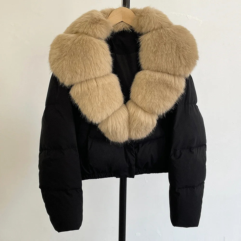 Faux Fur Collar Puffer Jacket Fashion Fake Fur Women Fur Coat Eco-friendly Winter Short White Duck Down Jacket Warm Clothing