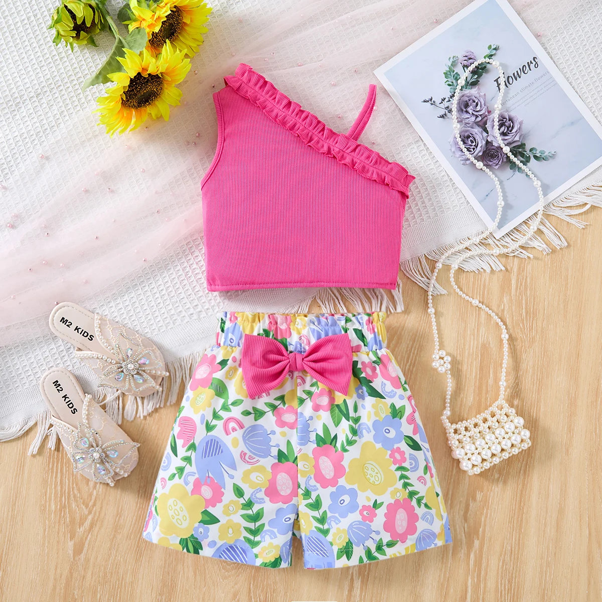 2-8 Years Old Children Girls Sets Sling Floral Printing Top & Shorts Suits Summer Children's Fashion Suit Casual Clothing