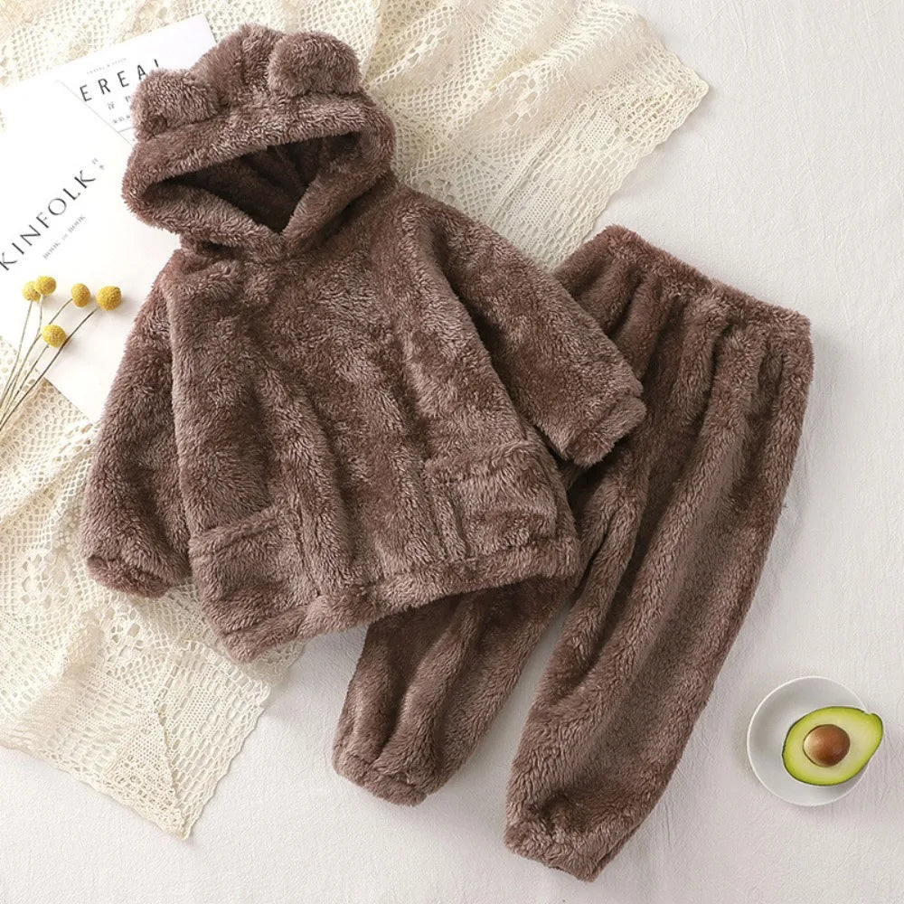 Girls Clothes New Autumn and Winter Teddy Bear Hooded Pocket Long Sleeved Pajamas+Pants Two-piece Home Warm Children's Clothing