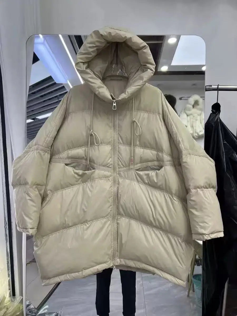 New Winter Jacket Women Parkas Hooded Coat Korean Drawstring Zipper Loose Coat Pockets Thicken Warm Casual Coats Trend A49