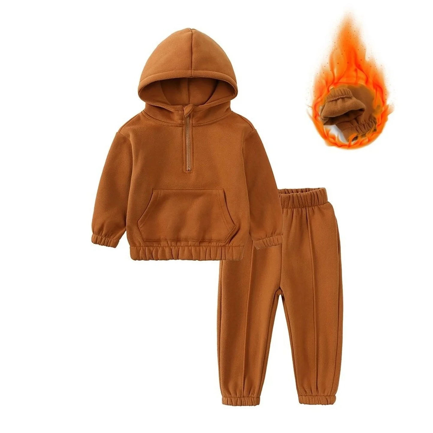 2Pcs Kids Boys Girls Winter Solid Warm Suits Children Cotton Fleece Hooded Sweater Sweatpants Set Toddler Tracksuit Sportsuit