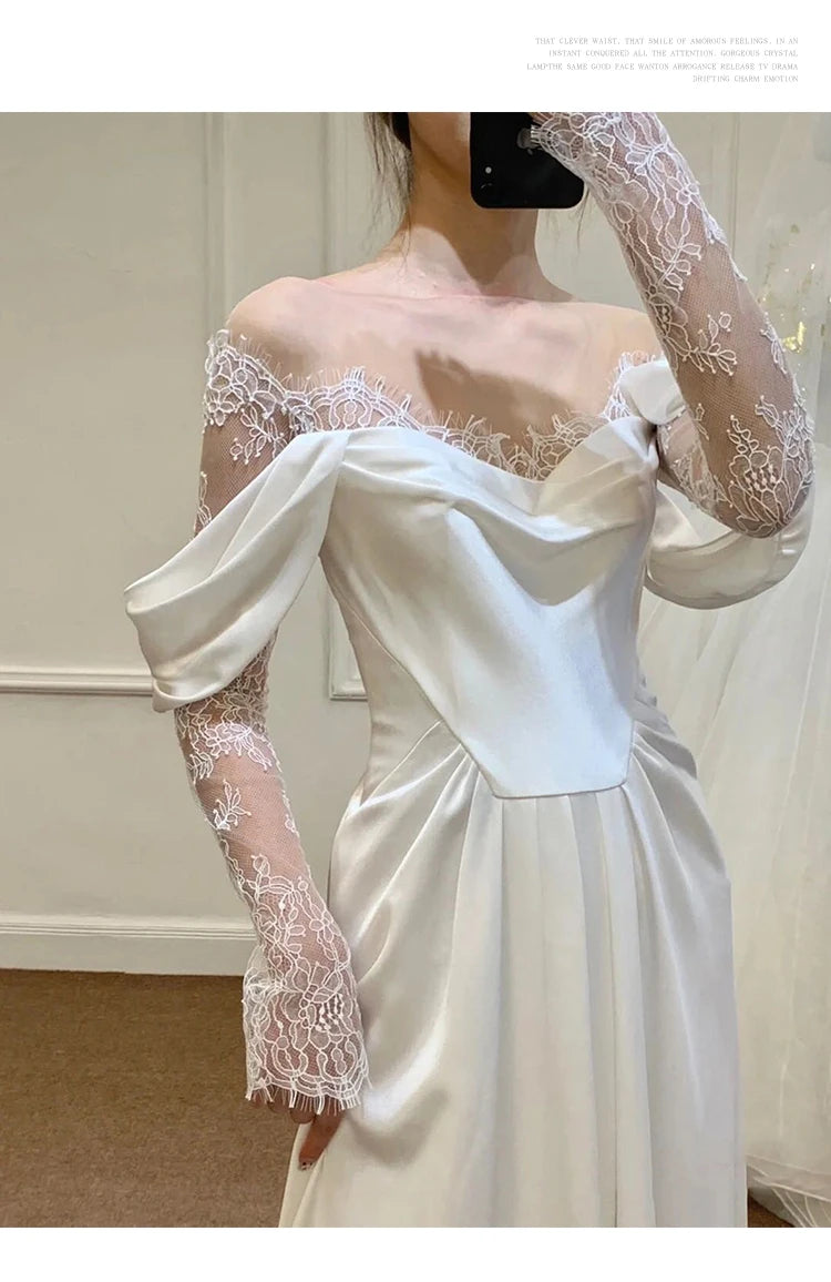 Satin Wedding Dresses With Small Train Vintage Lace Bride Dress A-line Full Sleeve Boho Wedding Gowns Vestido Noiva Customized