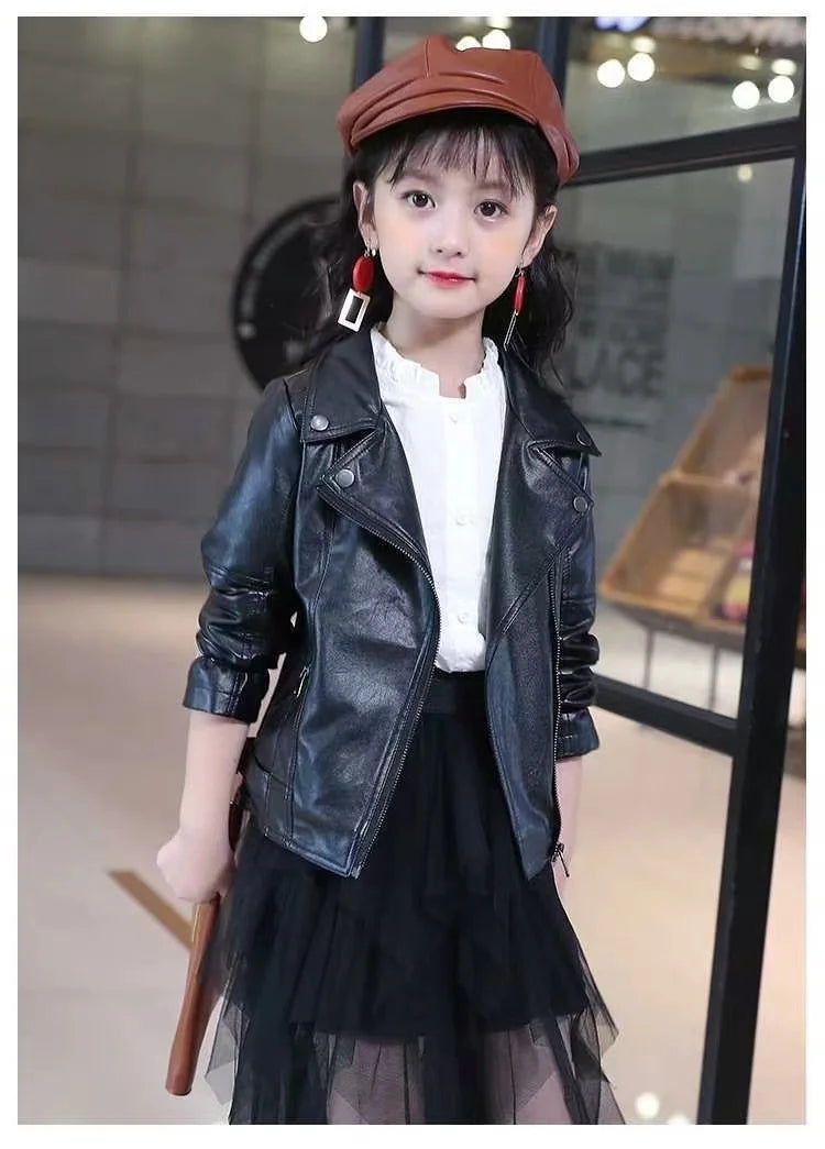 3-12 years old Girls faux leather Jacket Children PU Coat Long Sleeve Zip Belt Locomotive Jacket Stylish Teen Kids Boys Jackets