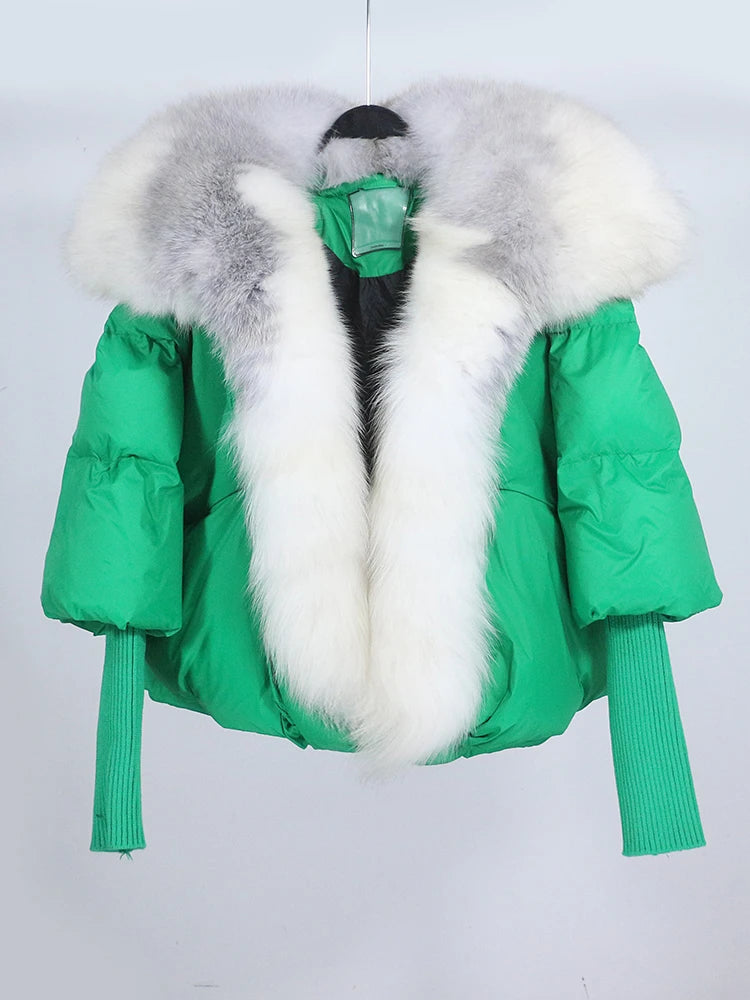 OFTUBY 2023 White Duck Down Jacket Winter Women Warm Loose Coat Natural Real Fox Fur Collar Thick Luxury Outerwear New Fashion