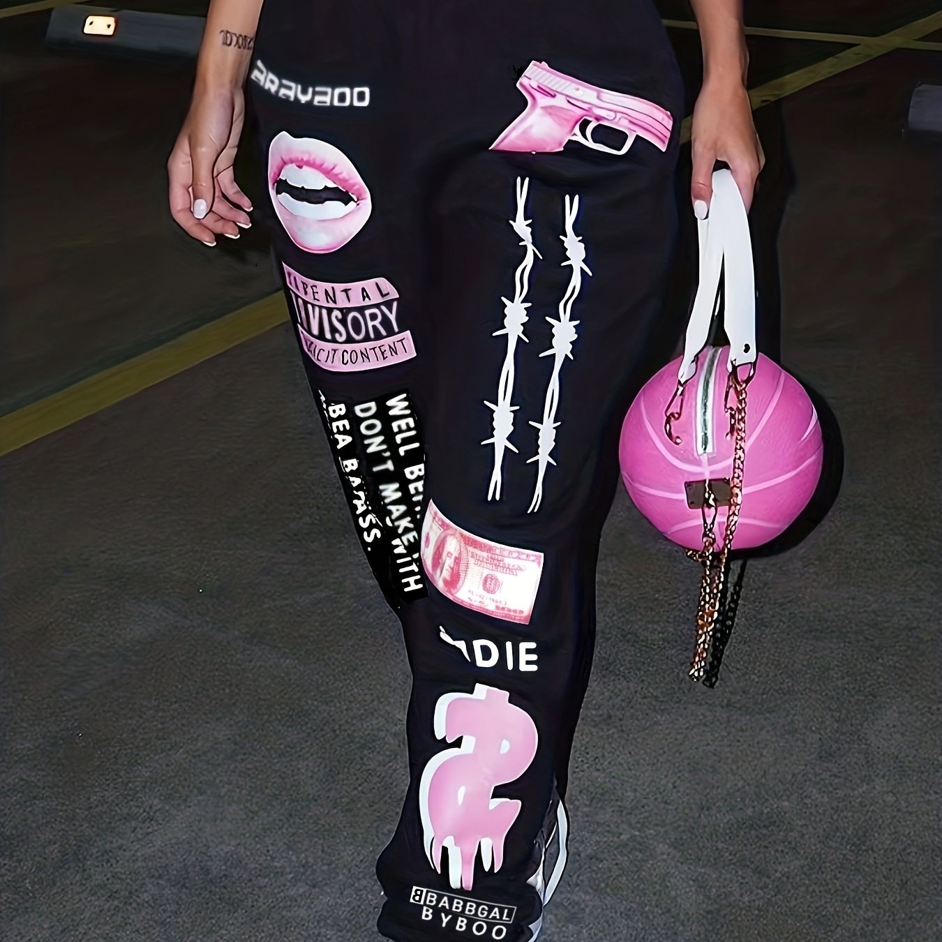 Women's Print Fashion Elastic Waist Sports Casual Sweater Oversize Pants Bottom TB5553 Plus