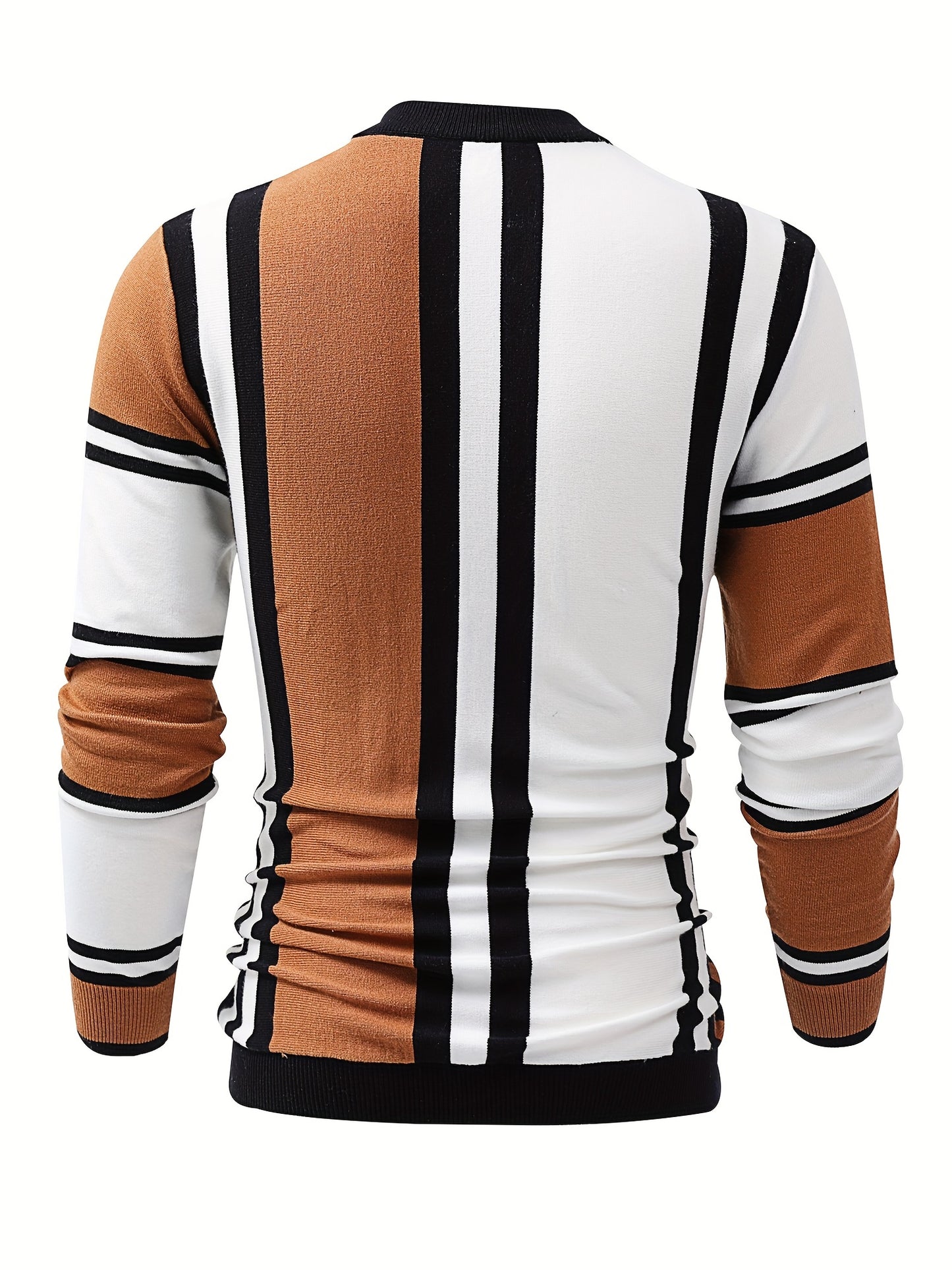 Color Block Design Chic Sweater, Men's Casual Warm High Stretch Crew Neck Pullover Sweater For Fall Winter