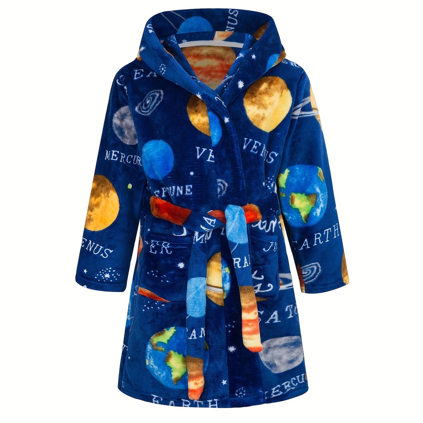 Boys Astronaut Planet Print Flannel Bathrobe, Soft Hoodie Sleepwear for Kids