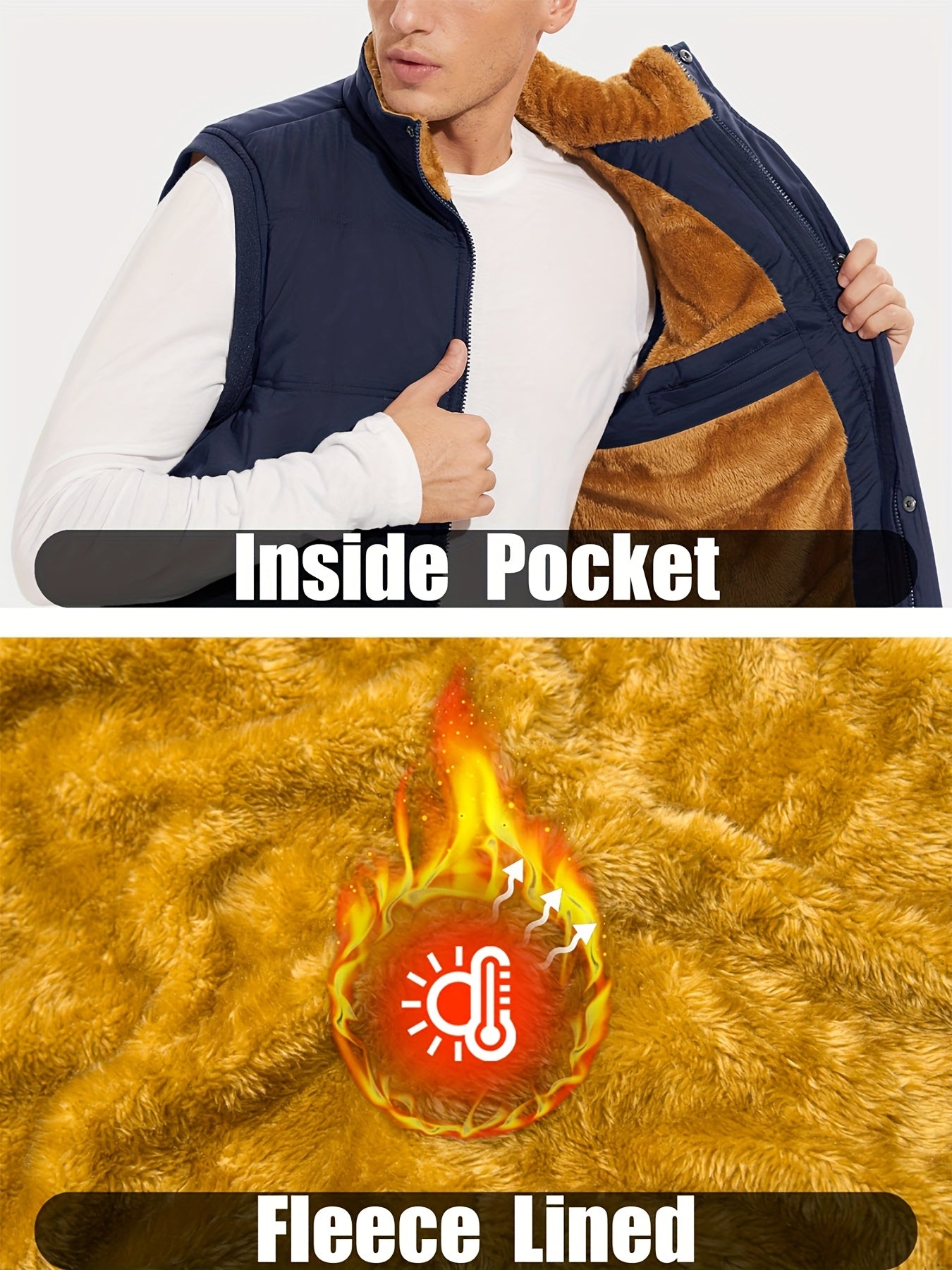 Men'S Windproof Vest with Fleece Lining - Soft, Warm, and, Multiple Pockets, Zippered Chest Pocket, Flap Button Side Pockets, One Inner Pocket, Windbreaker + Stand Collar Design for Outdoor Casual Wear, Winter Vest, H Stand C