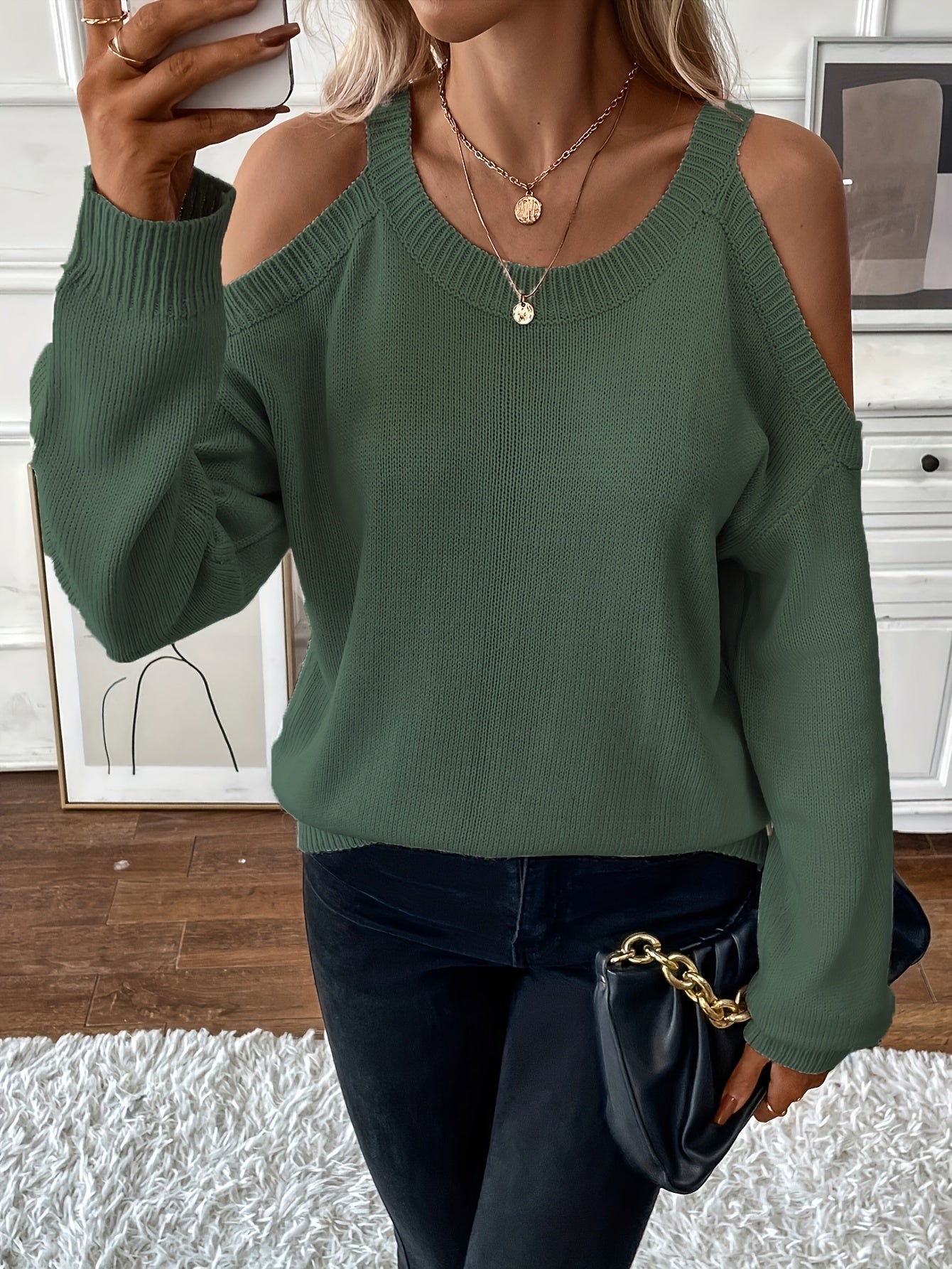 1pc Women'S Knit Pullover Sweater, Round Neck, Shoulder Detail, Solid Color, Acrylic Blend, 277g/m² Fabric Weight, for Autumn/Winter Season