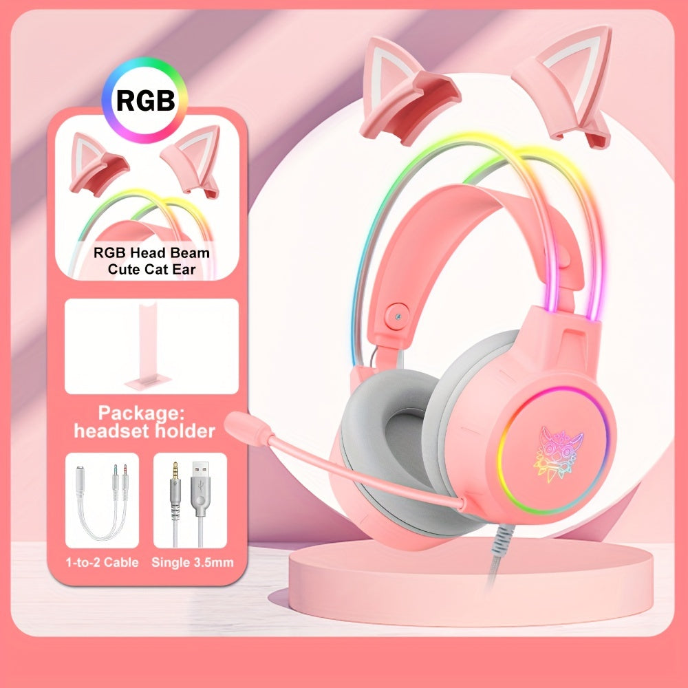 ONIKUMA X15pro, Wired Gaming Headset With Detachable Cat Ears, RGB, Removable Mic, Compatible With PC Mobile, Over-Ear Luminous Wired Gaming Headset