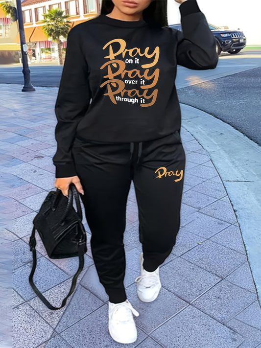 2-Piece Plus Size Co-ords - Stylish Letter Graphic Long Sleeve Round Neck Top & Comfy Joggers Outfit Set for Women - Casual Sports Wear for Daily Life