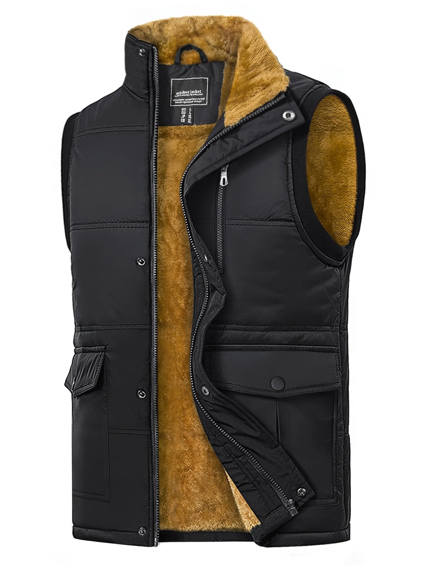 Men'S Windproof Vest with Fleece Lining - Soft, Warm, and, Multiple Pockets, Zippered Chest Pocket, Flap Button Side Pockets, One Inner Pocket, Windbreaker + Stand Collar Design for Outdoor Casual Wear, Winter Vest, H Stand C