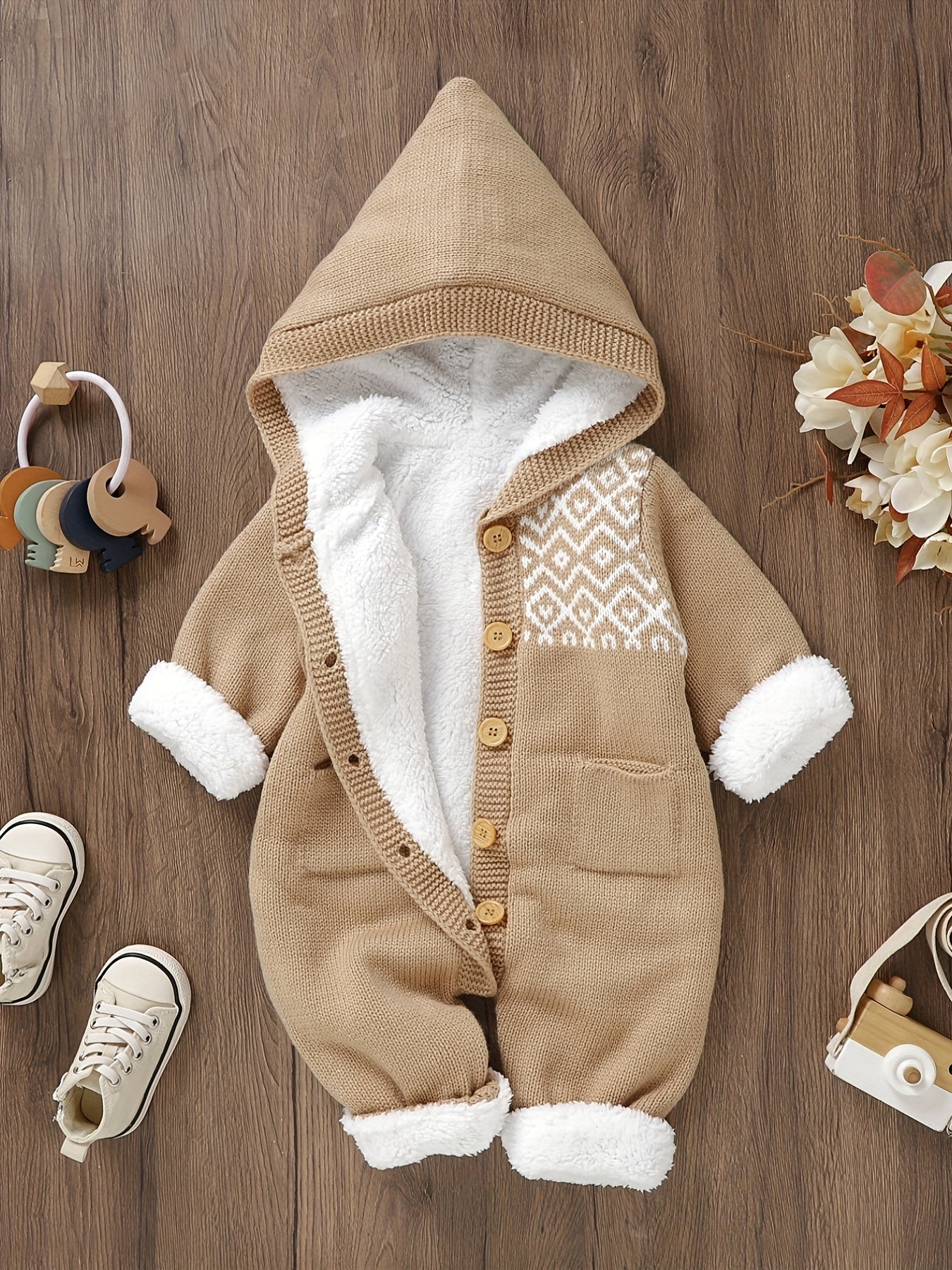 Long Sleeve Newborn Knitted Jumpsuit with Hooded Pants for Boys and Girls