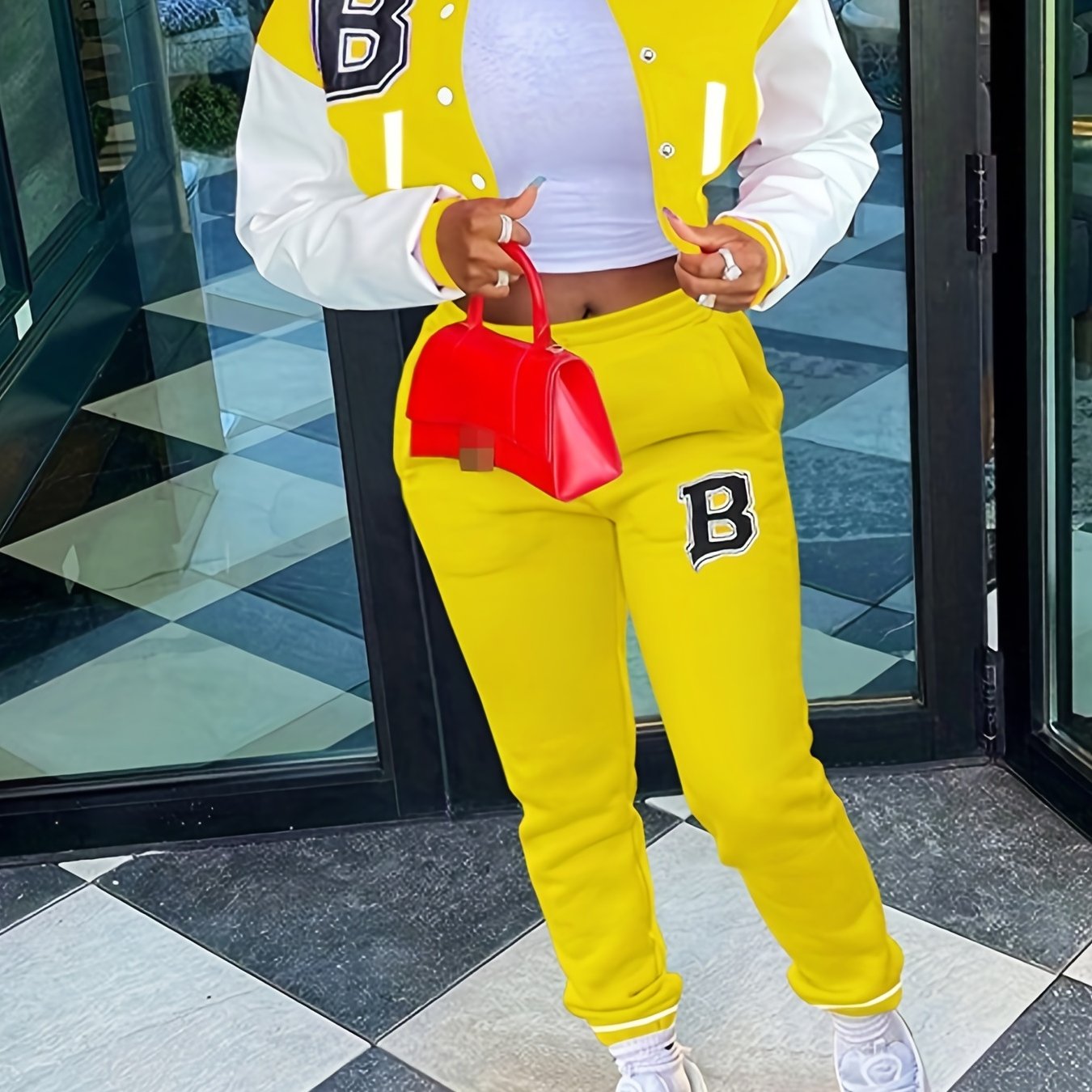 Chic, Women's Casual Letter Print Baseball Jacket and Pants Set - Red and White, Polyester Blend, Machine Washable, Fall/Winter Fashion Ensemble