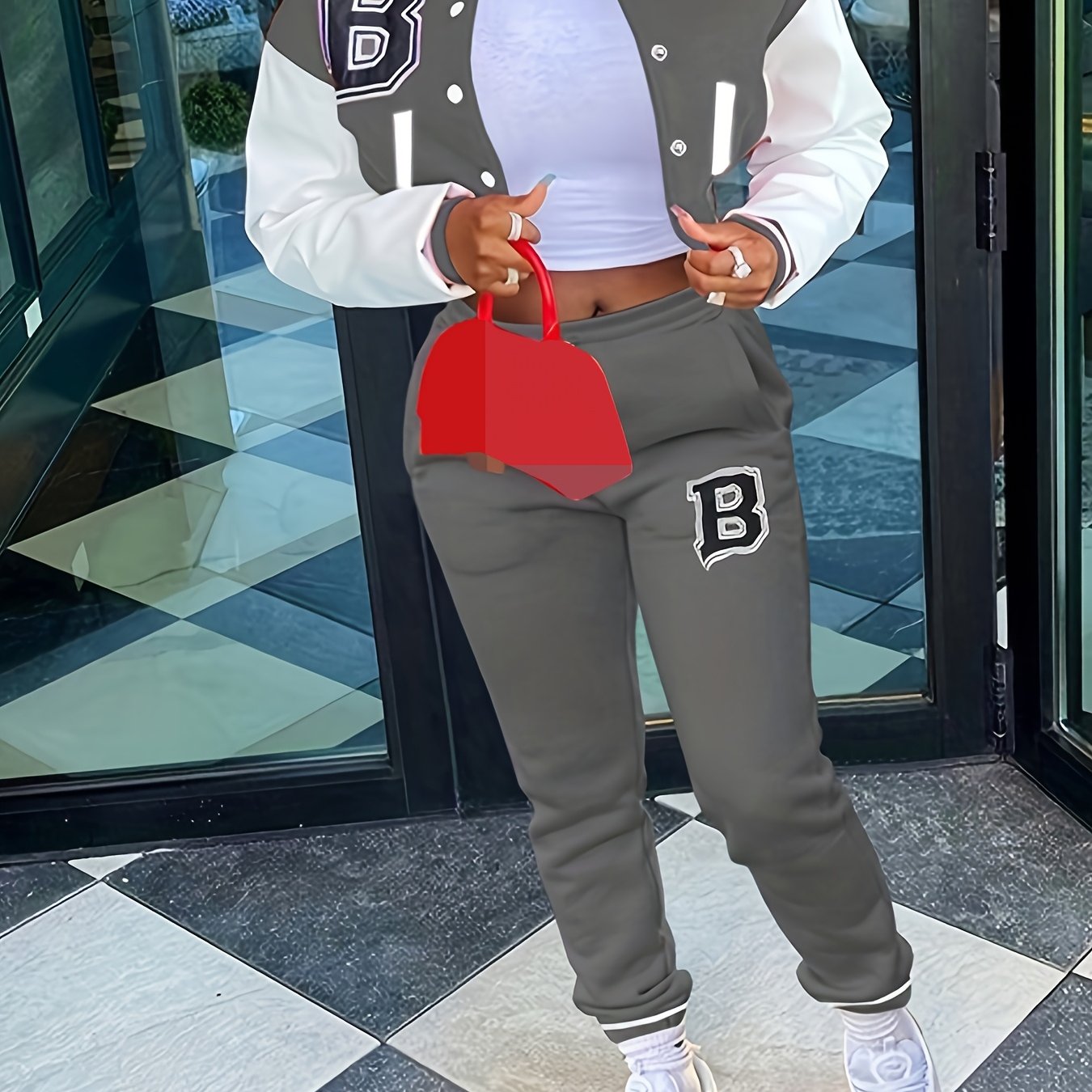 Chic, Women's Casual Letter Print Baseball Jacket and Pants Set - Red and White, Polyester Blend, Machine Washable, Fall/Winter Fashion Ensemble