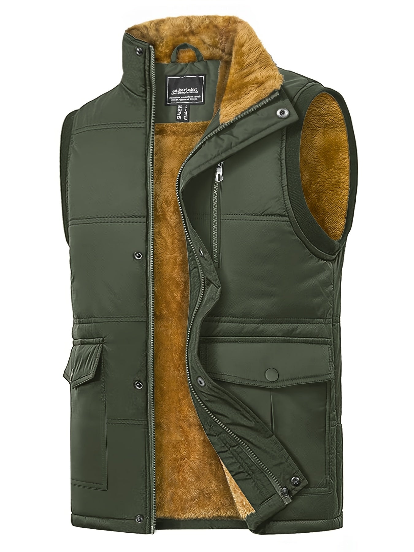 Men'S Windproof Vest with Fleece Lining - Soft, Warm, and, Multiple Pockets, Zippered Chest Pocket, Flap Button Side Pockets, One Inner Pocket, Windbreaker + Stand Collar Design for Outdoor Casual Wear, Winter Vest, H Stand C