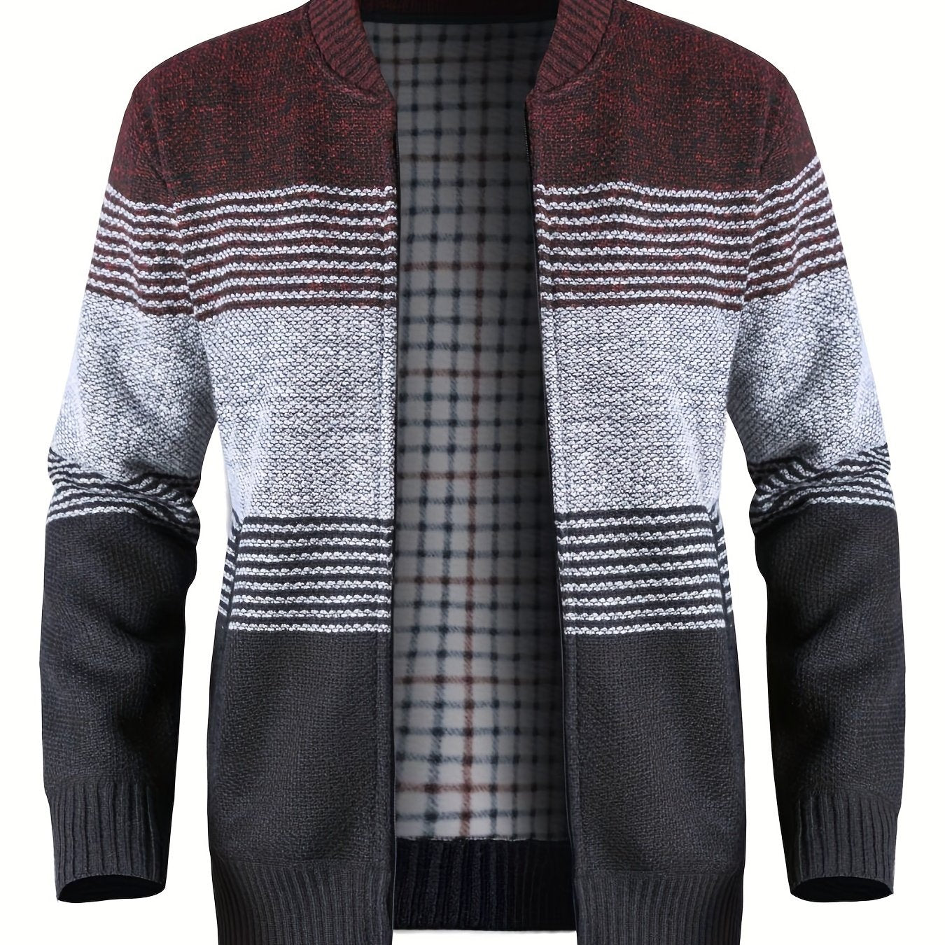 Color Block Warm Zip Up Jacket Sweater, Men's Casual Stand Collar Mid Stretch Cardigan For Fall Winter