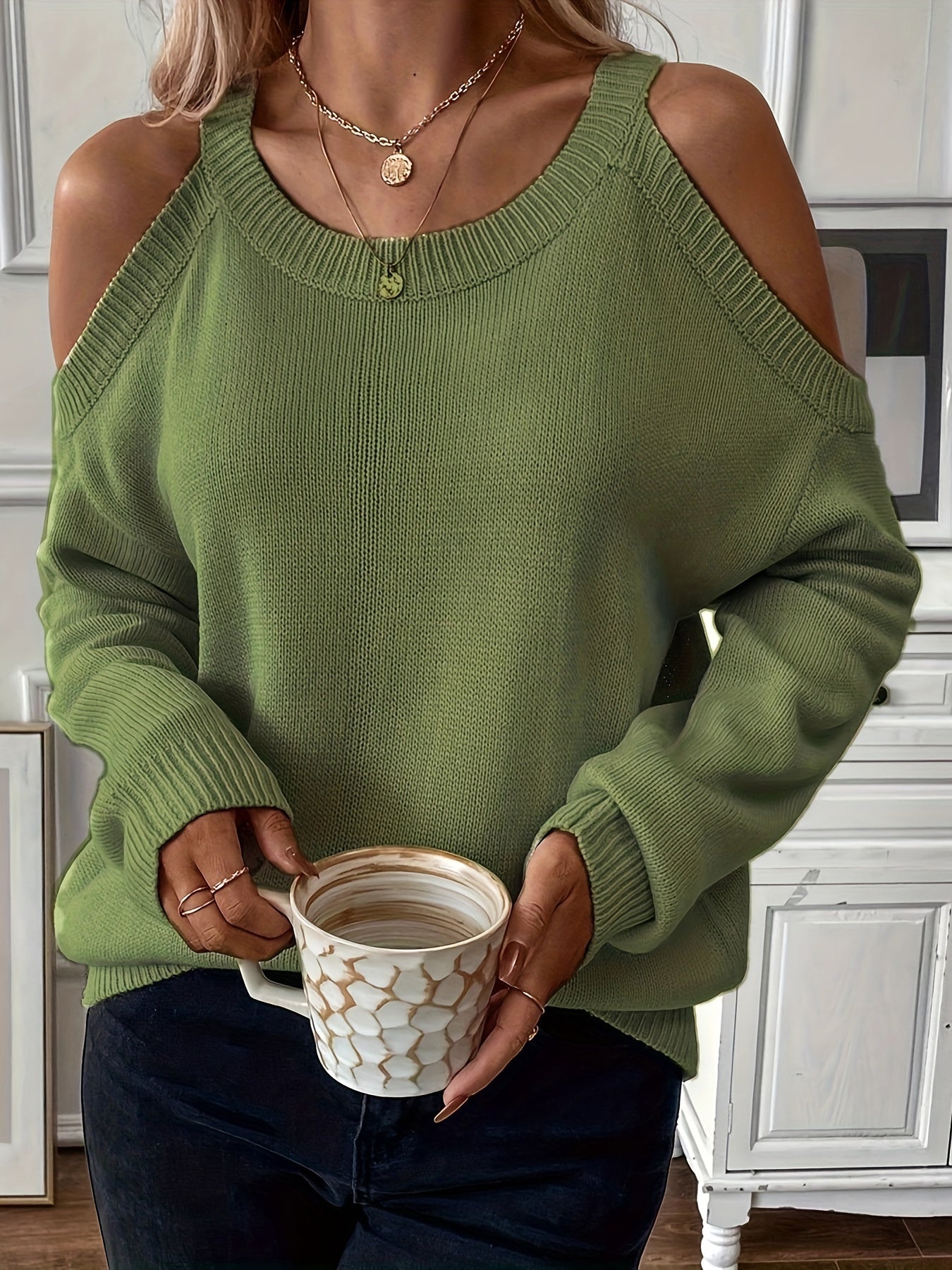1pc Women'S Knit Pullover Sweater, Round Neck, Shoulder Detail, Solid Color, Acrylic Blend, 277g/m² Fabric Weight, for Autumn/Winter Season
