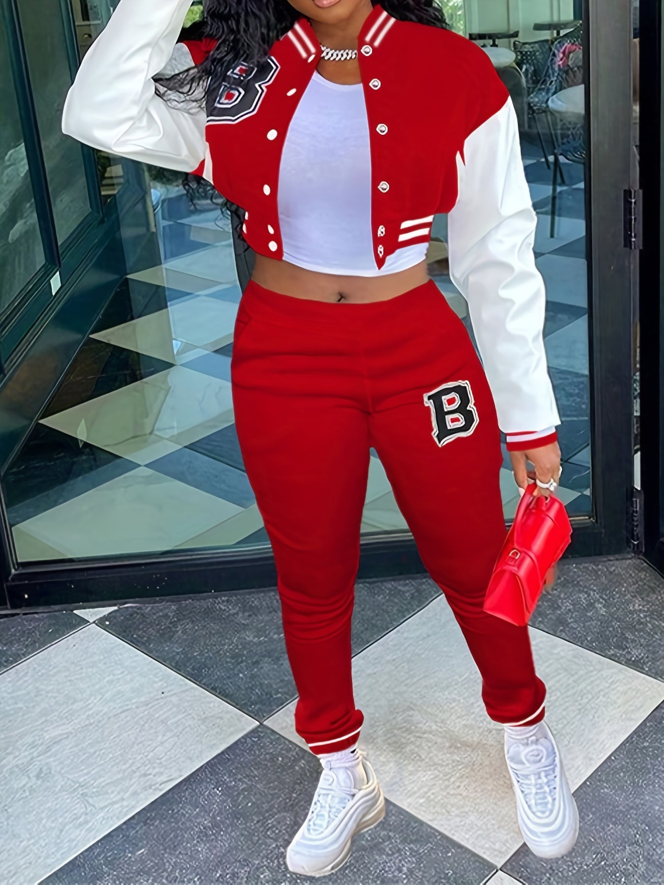 Chic, Women's Casual Letter Print Baseball Jacket and Pants Set - Red and White, Polyester Blend, Machine Washable, Fall/Winter Fashion Ensemble