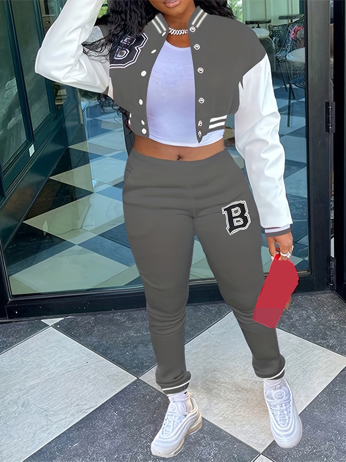 Chic, Women's Casual Letter Print Baseball Jacket and Pants Set - Red and White, Polyester Blend, Machine Washable, Fall/Winter Fashion Ensemble