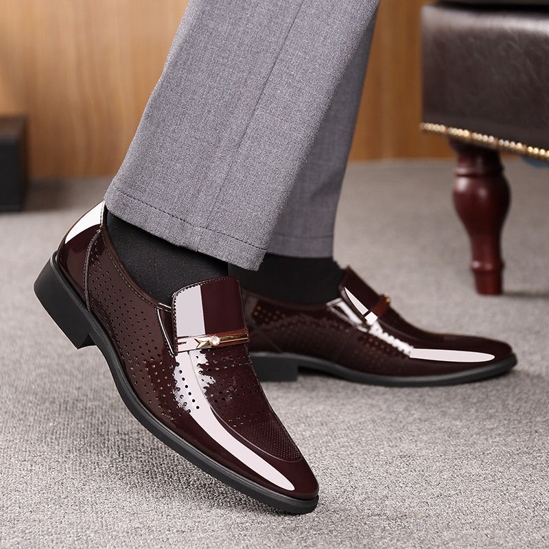 Formal Footwear| Men's Elegant Burgundy Slip-On Dress Shoes - Breathable Hollow Out Design, Comfortable PU Interior, Soft Rubber Sole for Business Meetings & Social Events