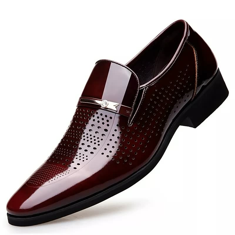 Formal Footwear| Men's Elegant Burgundy Slip-On Dress Shoes - Breathable Hollow Out Design, Comfortable PU Interior, Soft Rubber Sole for Business Meetings & Social Events