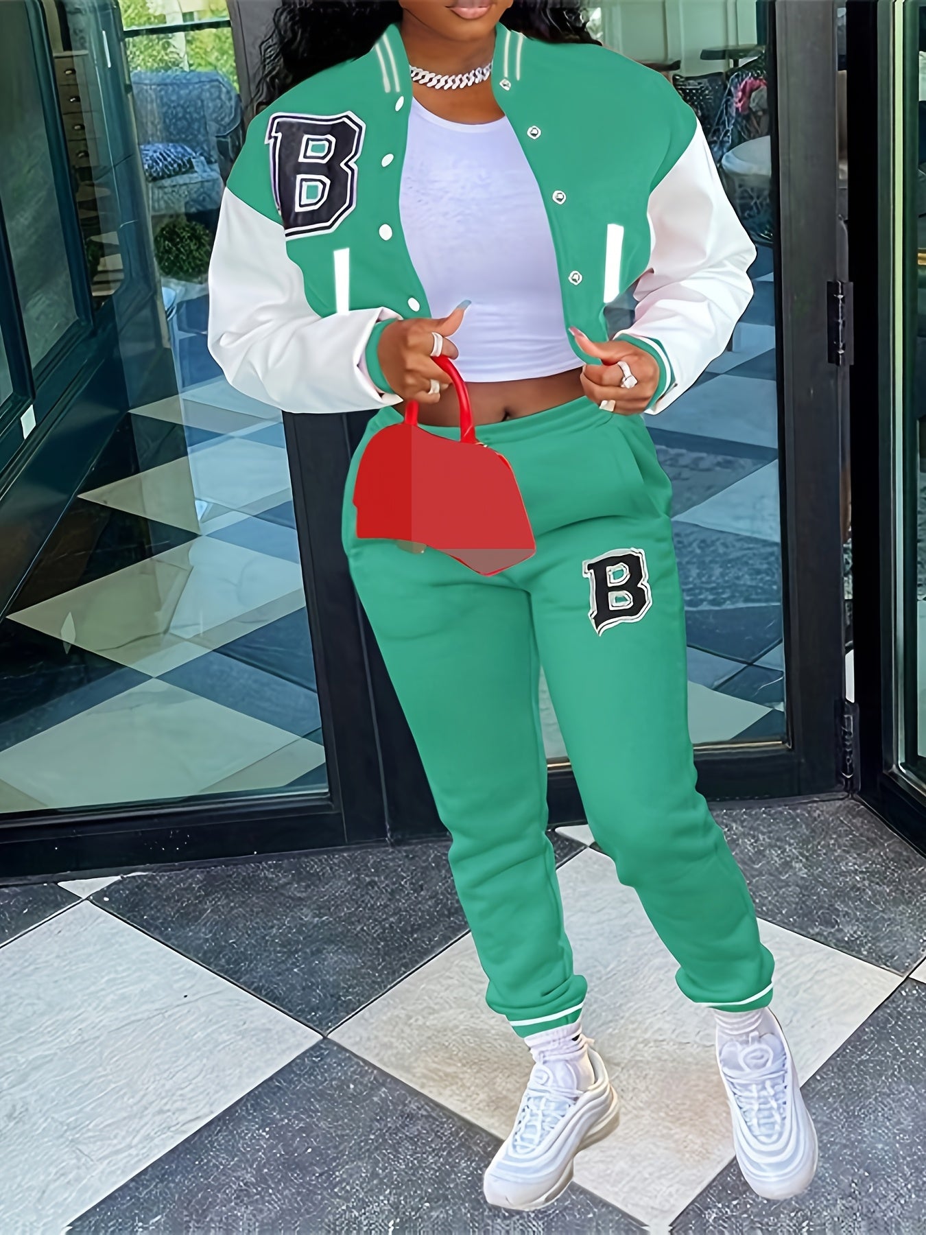 Chic, Women's Casual Letter Print Baseball Jacket and Pants Set - Red and White, Polyester Blend, Machine Washable, Fall/Winter Fashion Ensemble