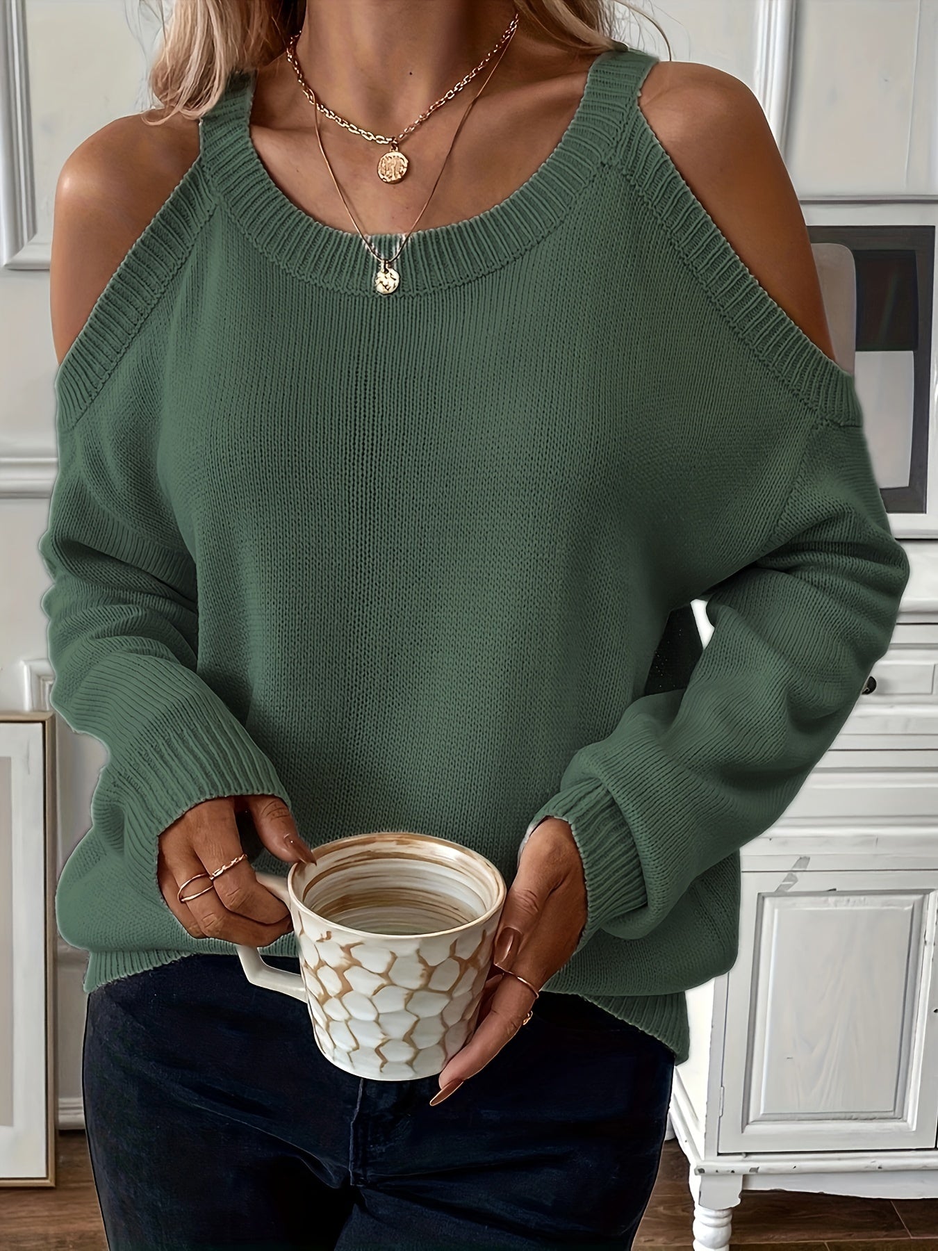 1pc Women'S Knit Pullover Sweater, Round Neck, Shoulder Detail, Solid Color, Acrylic Blend, 277g/m² Fabric Weight, for Autumn/Winter Season
