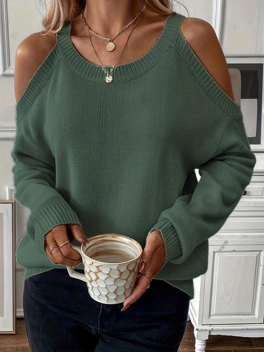 1pc Women'S Knit Pullover Sweater, Round Neck, Shoulder Detail, Solid Color, Acrylic Blend, 277g/m² Fabric Weight, for Autumn/Winter Season