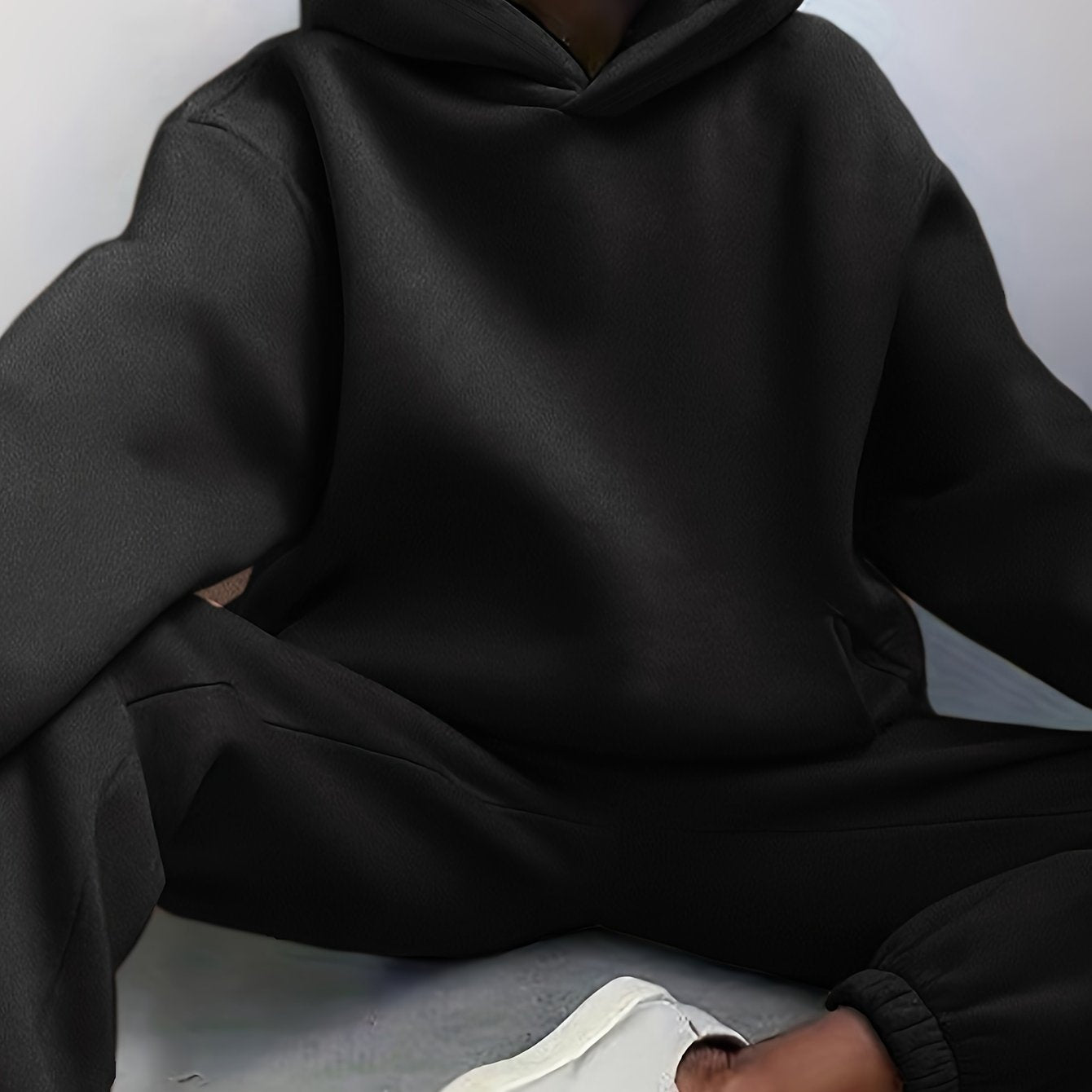 Two-Piece Hooded Set - Soft Polyester Knit Fabric, Drop Shoulder Long Sleeve Hoodie with Pocket, Elastic Waist Jogger Pants for Women, Casual Solid Color Outfit for Fall and Winter Seasons