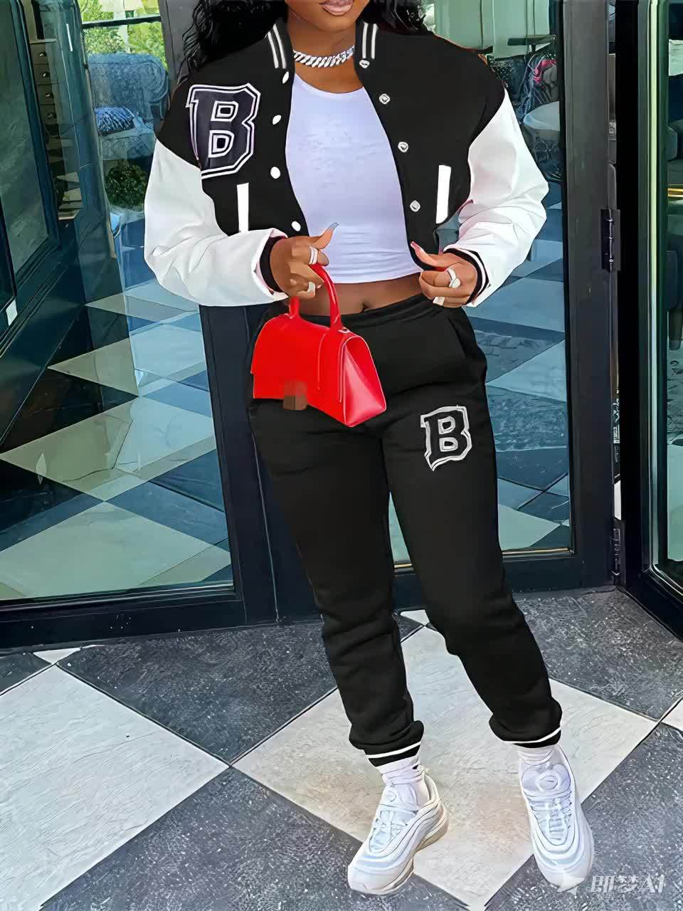 Chic, Women's Casual Letter Print Baseball Jacket and Pants Set - Red and White, Polyester Blend, Machine Washable, Fall/Winter Fashion Ensemble