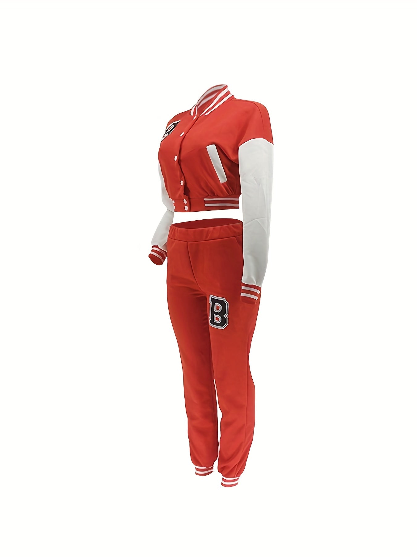 Chic, Women's Casual Letter Print Baseball Jacket and Pants Set - Red and White, Polyester Blend, Machine Washable, Fall/Winter Fashion Ensemble