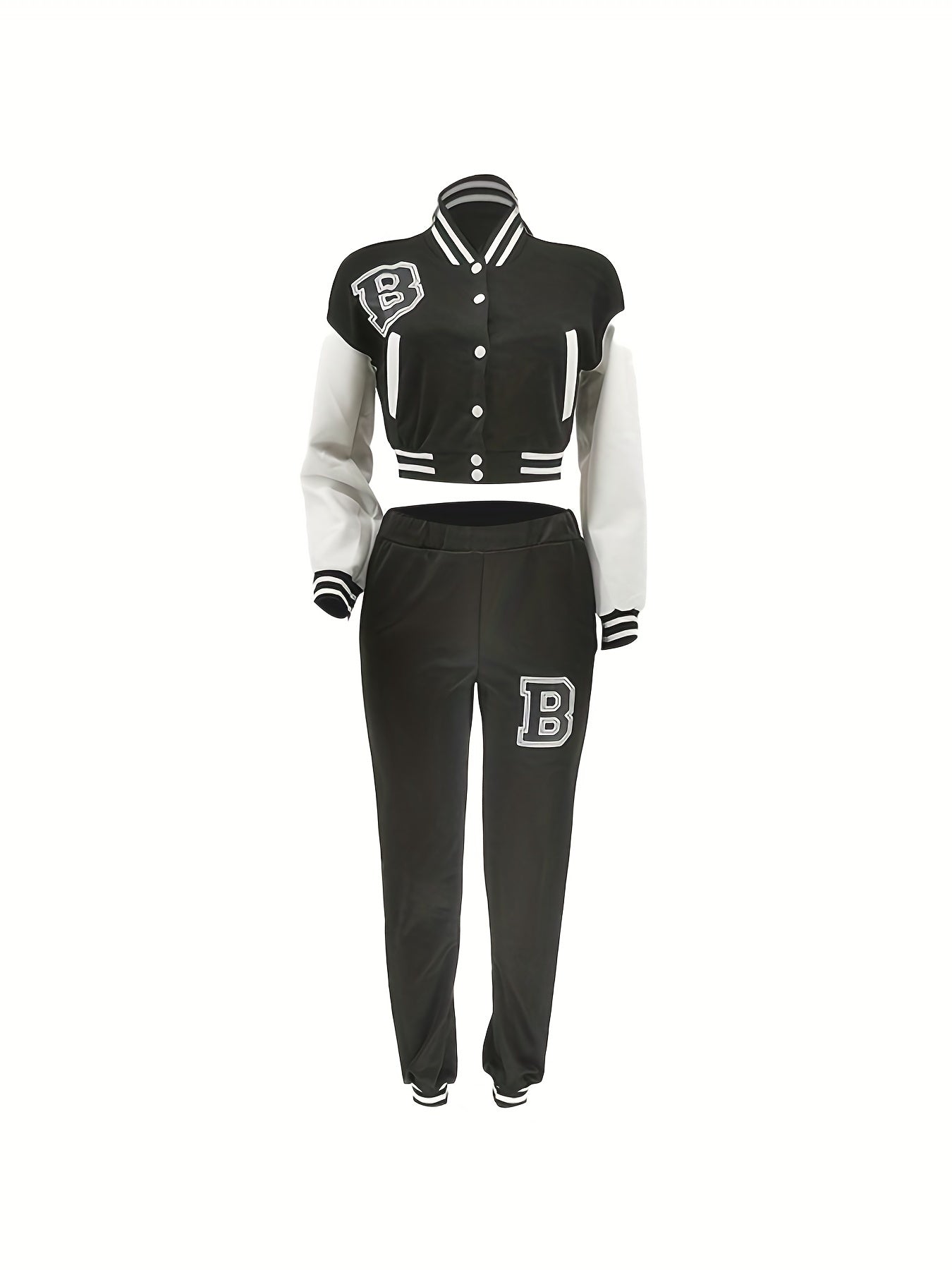 Chic, Women's Casual Letter Print Baseball Jacket and Pants Set - Red and White, Polyester Blend, Machine Washable, Fall/Winter Fashion Ensemble