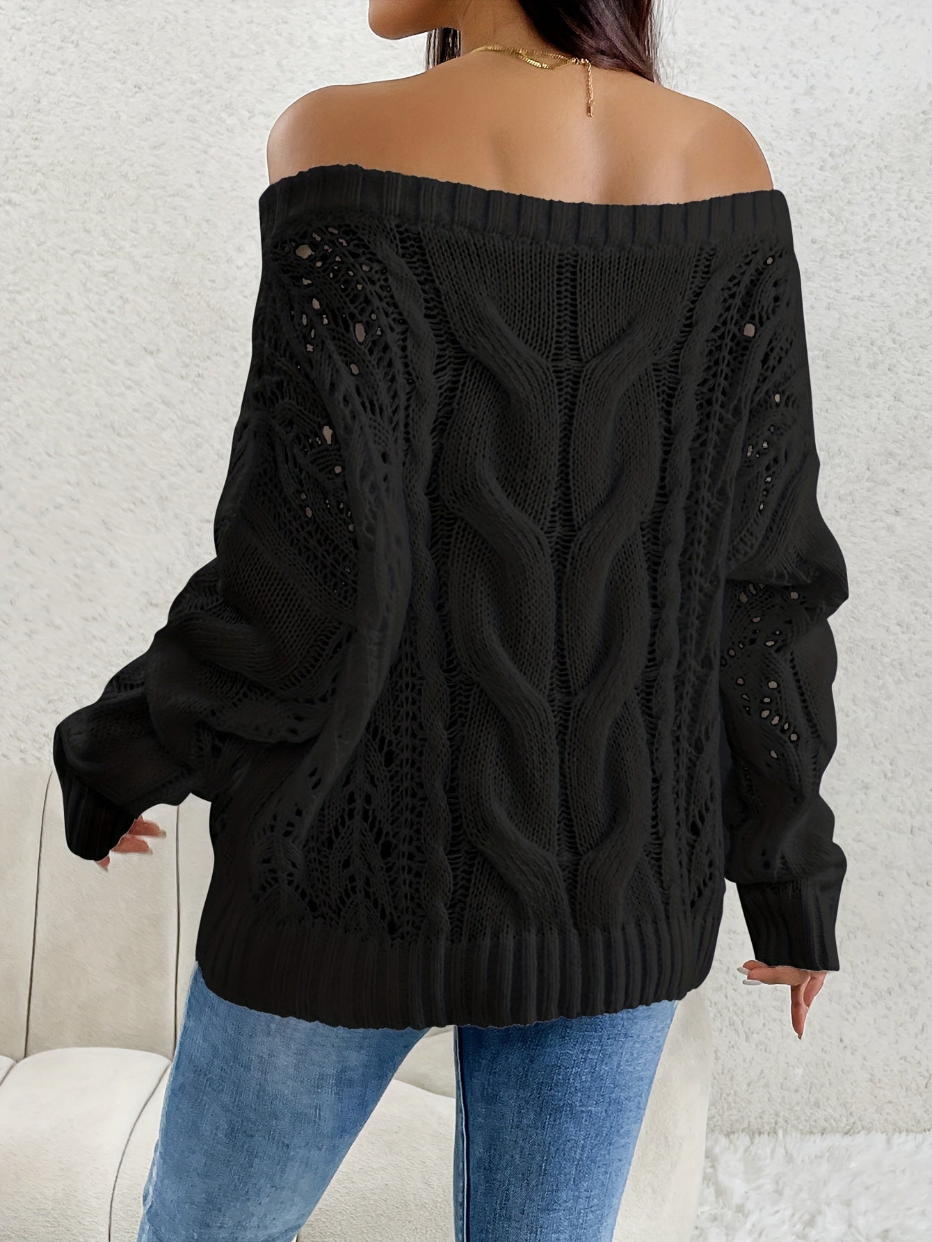Elegant Off-Shoulder Cable Knit Sweater - Chic Long Sleeve, Loose Fit in Pink, Semi-Sheer Polyester - Perfect for Fall/Winter