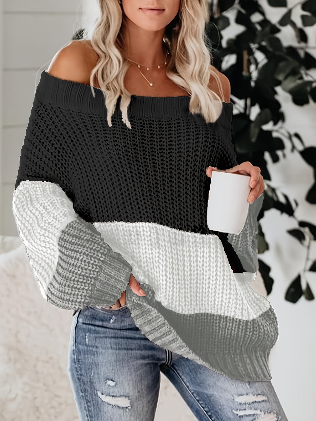 Fall/Winter Chic: Off-Shoulder Color Block Knit Sweater - Casual, Comfy, and Stylish Long Sleeve Top