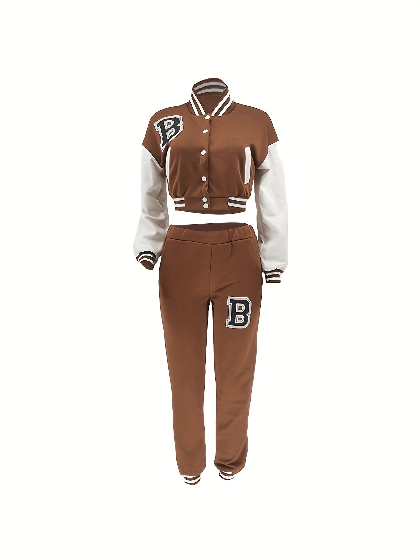 Chic, Women's Casual Letter Print Baseball Jacket and Pants Set - Red and White, Polyester Blend, Machine Washable, Fall/Winter Fashion Ensemble