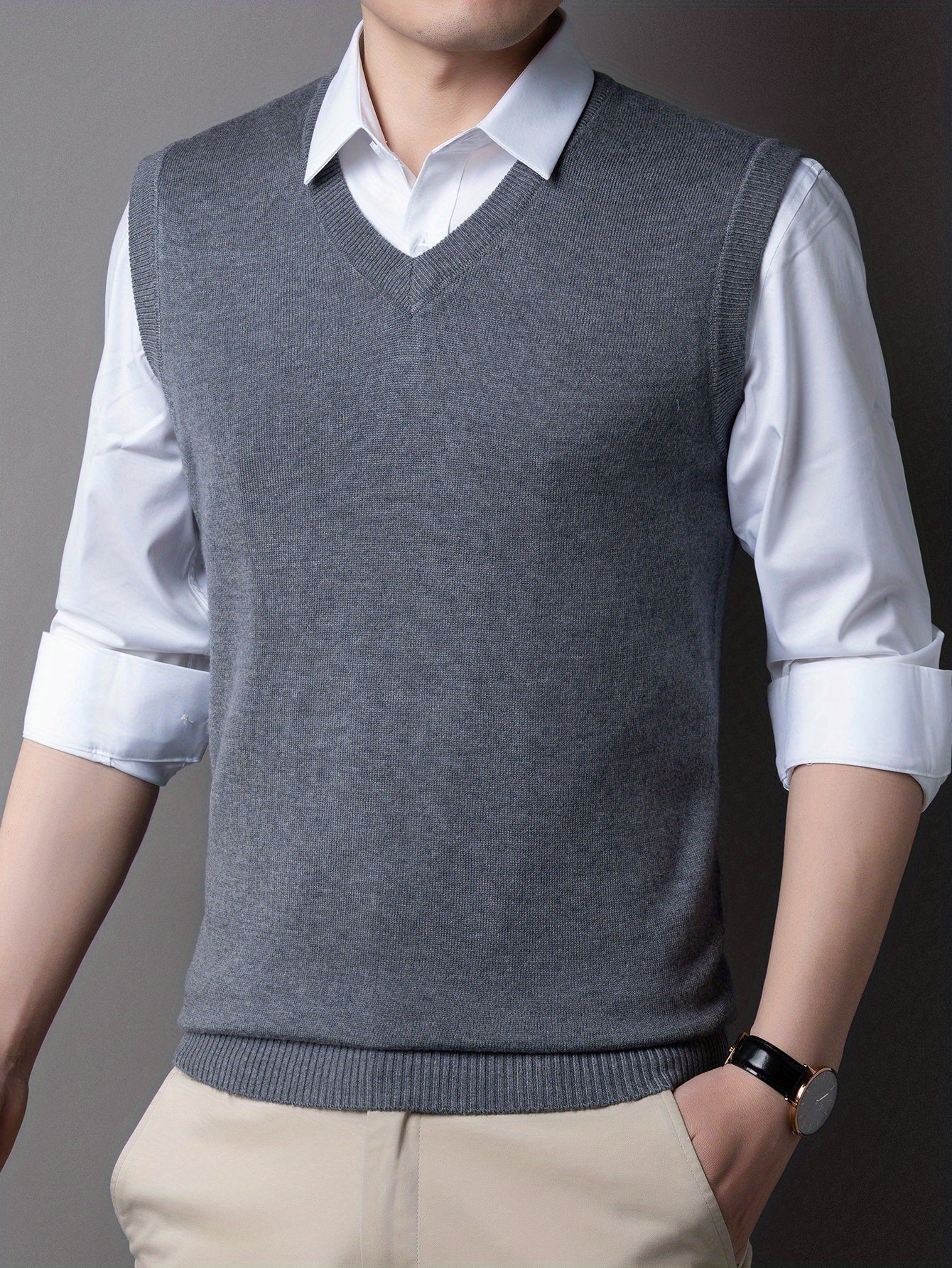 Casual Knitted Pullover, V-neck Sleeveless Thermal Jacket, Wool Vest, Men's Tank Top For Autumn And Winter