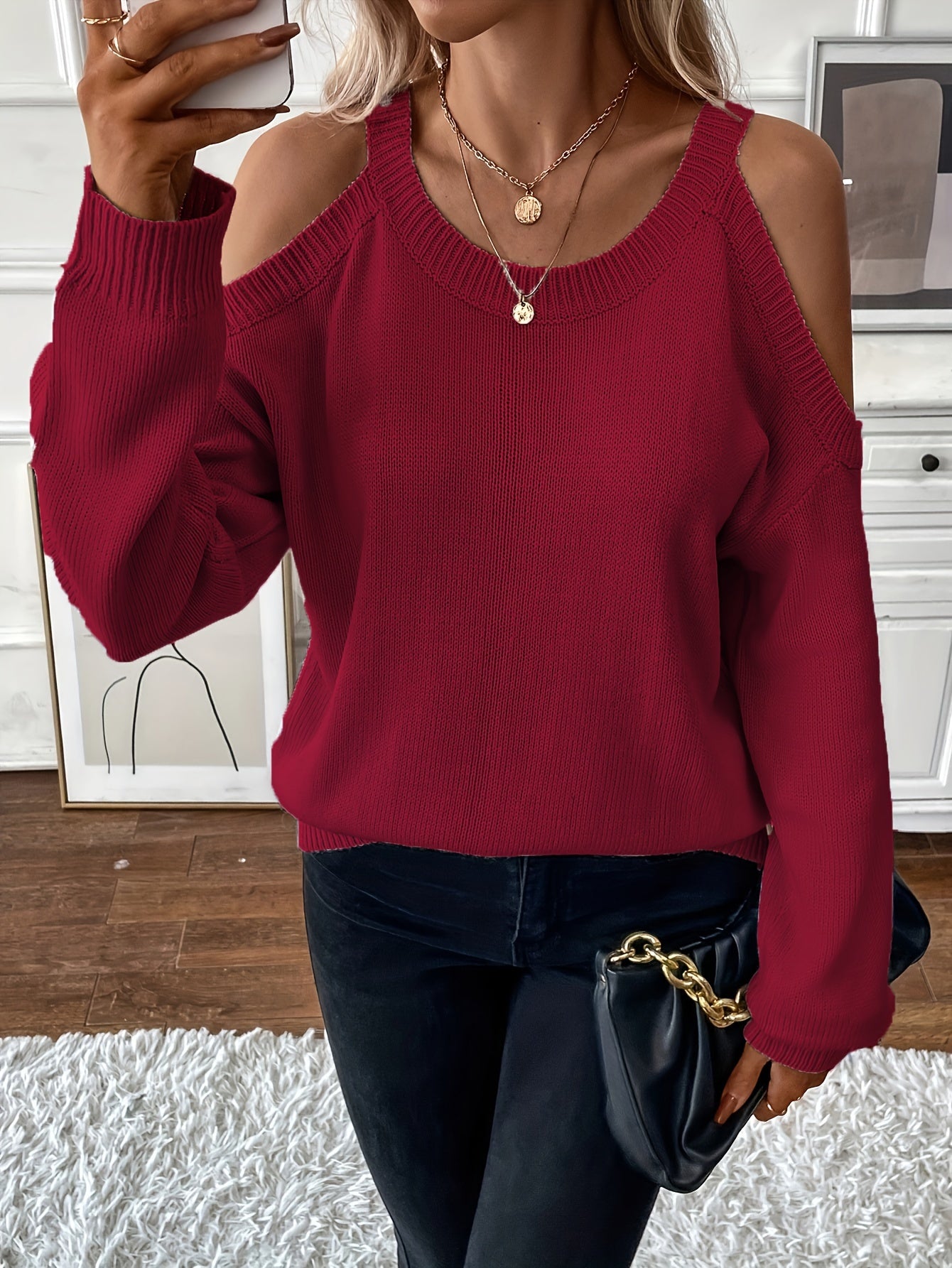 1pc Women'S Knit Pullover Sweater, Round Neck, Shoulder Detail, Solid Color, Acrylic Blend, 277g/m² Fabric Weight, for Autumn/Winter Season