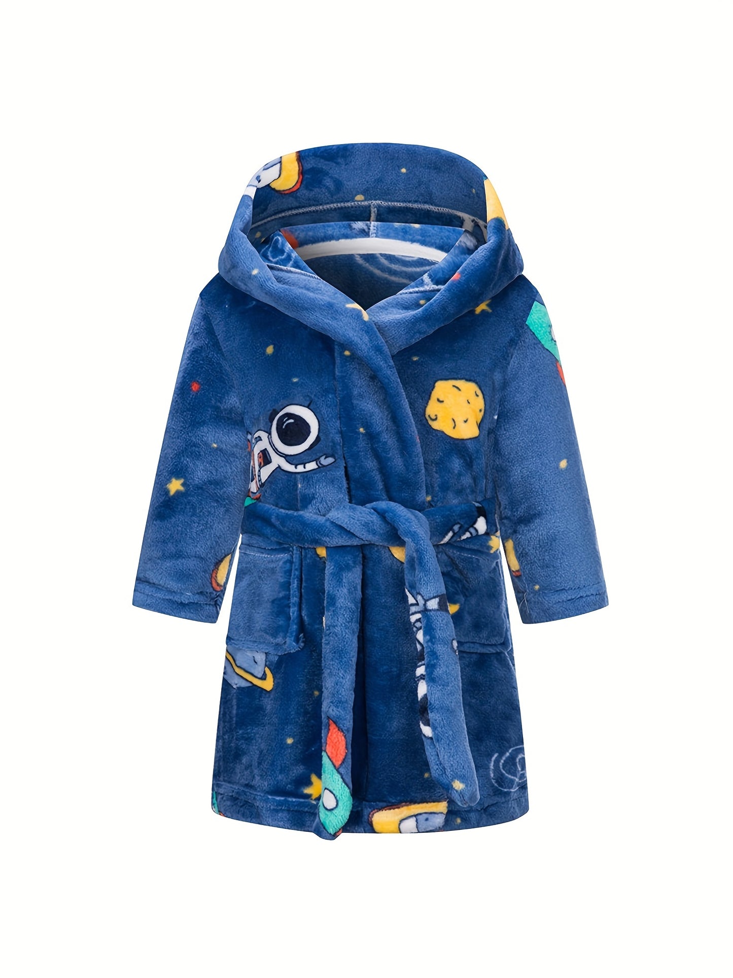 Boys Astronaut Planet Print Flannel Bathrobe, Soft Hoodie Sleepwear for Kids
