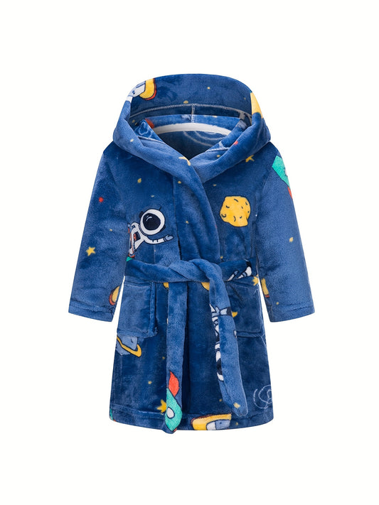 Boys Astronaut Planet Print Flannel Bathrobe, Soft Hoodie Sleepwear for Kids