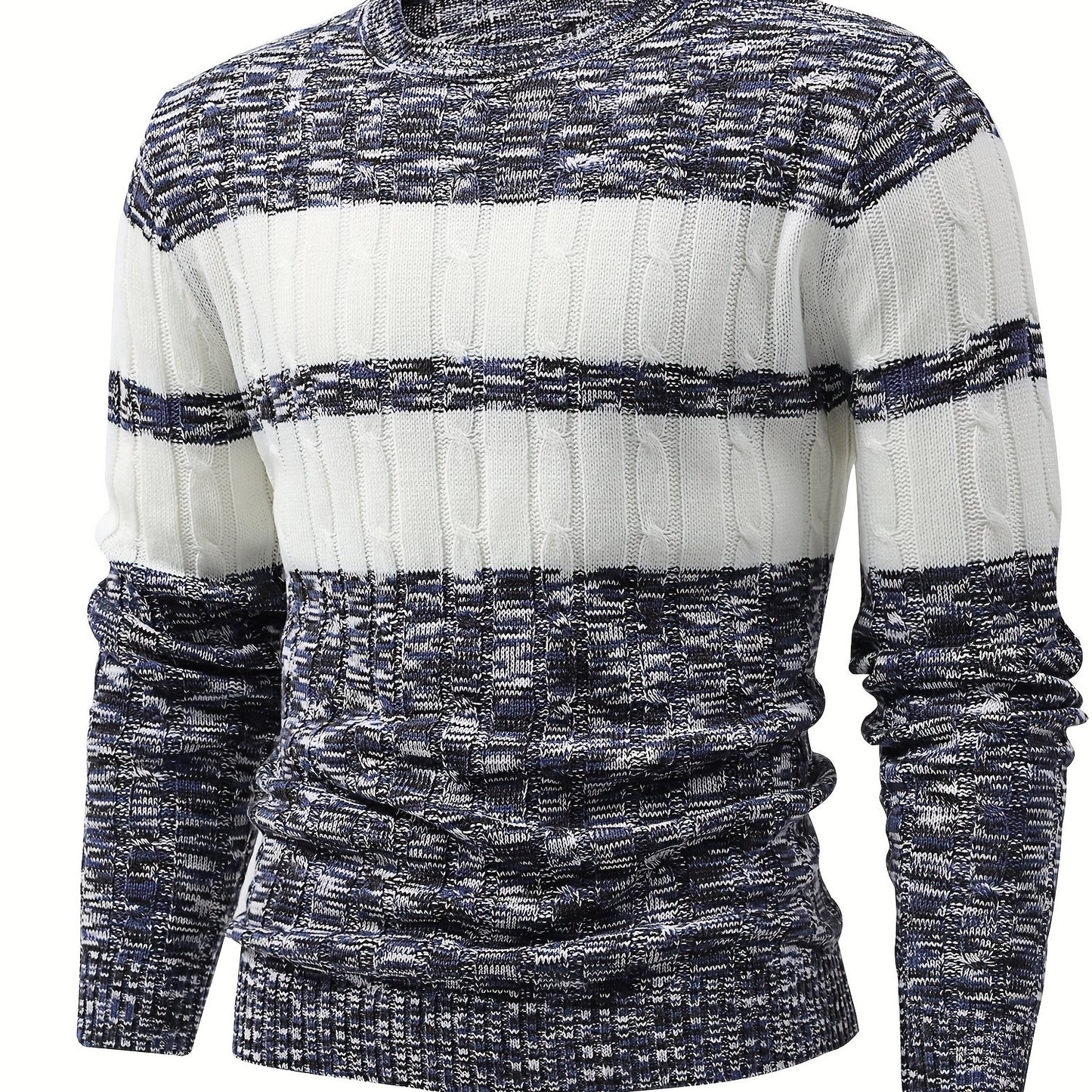 All Match Knitted Color Block Sweater, Men's Casual Warm Mid Stretch Round Neck Pullover Sweater For Fall Winter