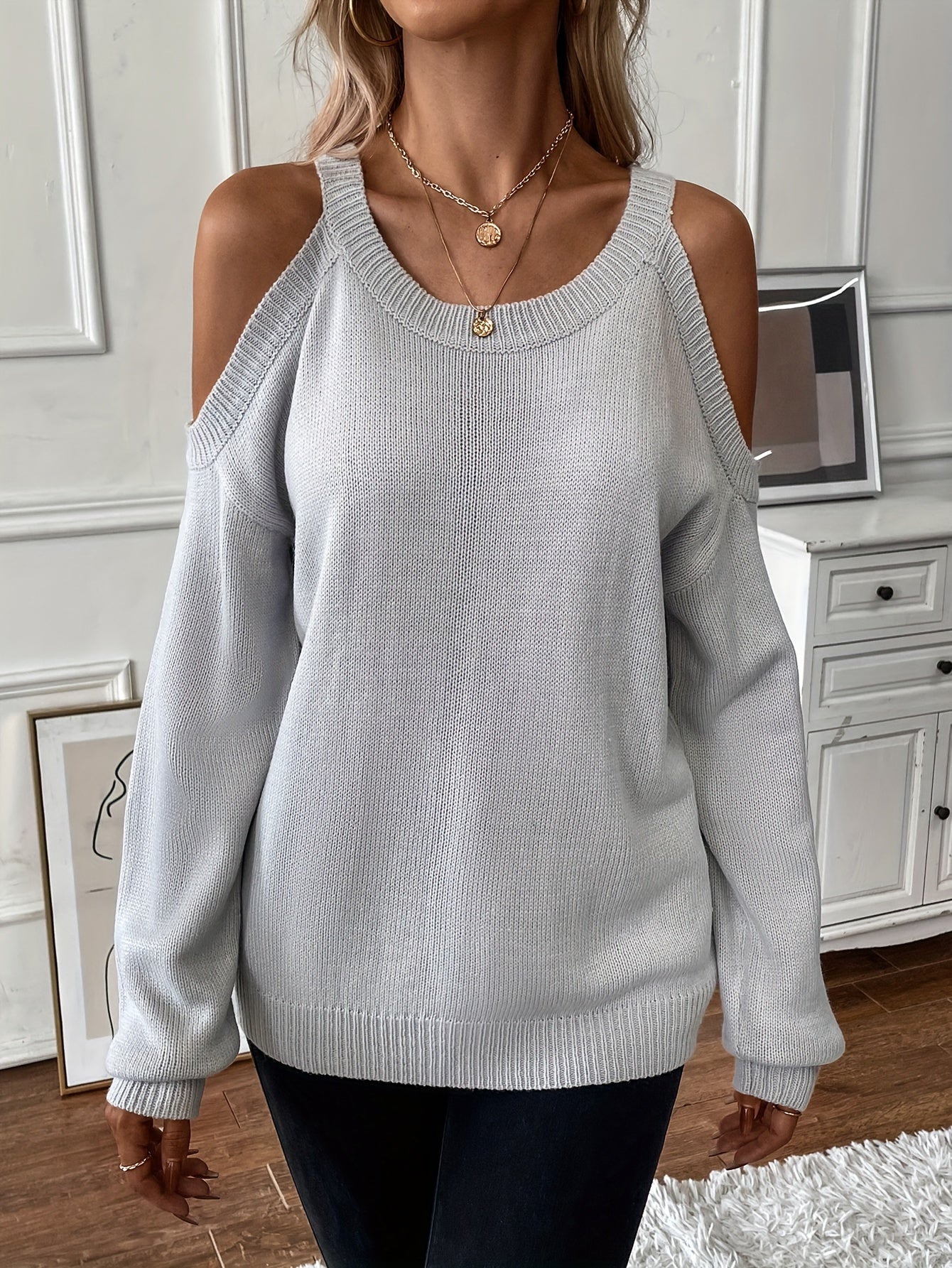 1pc Women'S Knit Pullover Sweater, Round Neck, Shoulder Detail, Solid Color, Acrylic Blend, 277g/m² Fabric Weight, for Autumn/Winter Season
